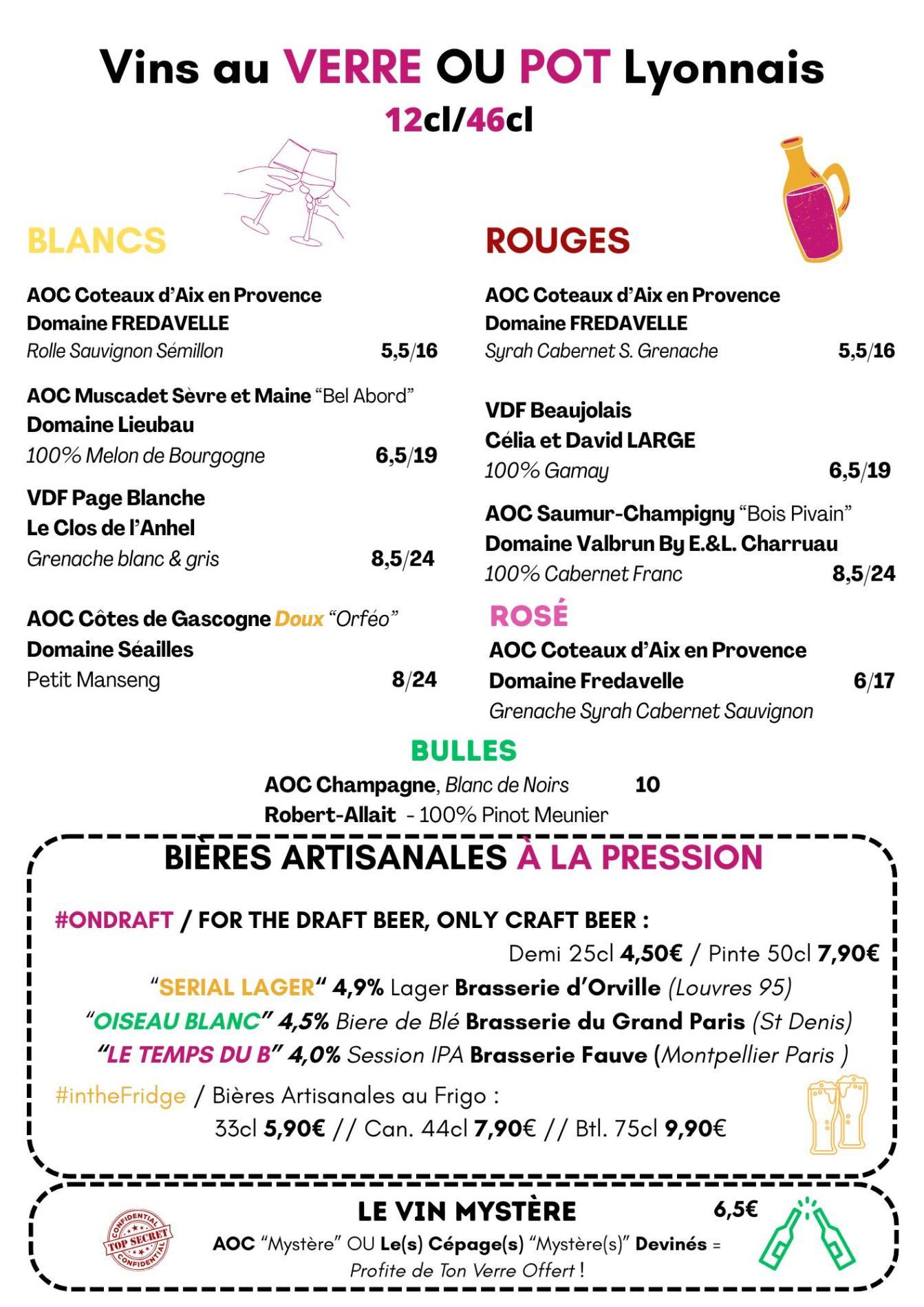 Carte Vins/Bières au Verre/Pression