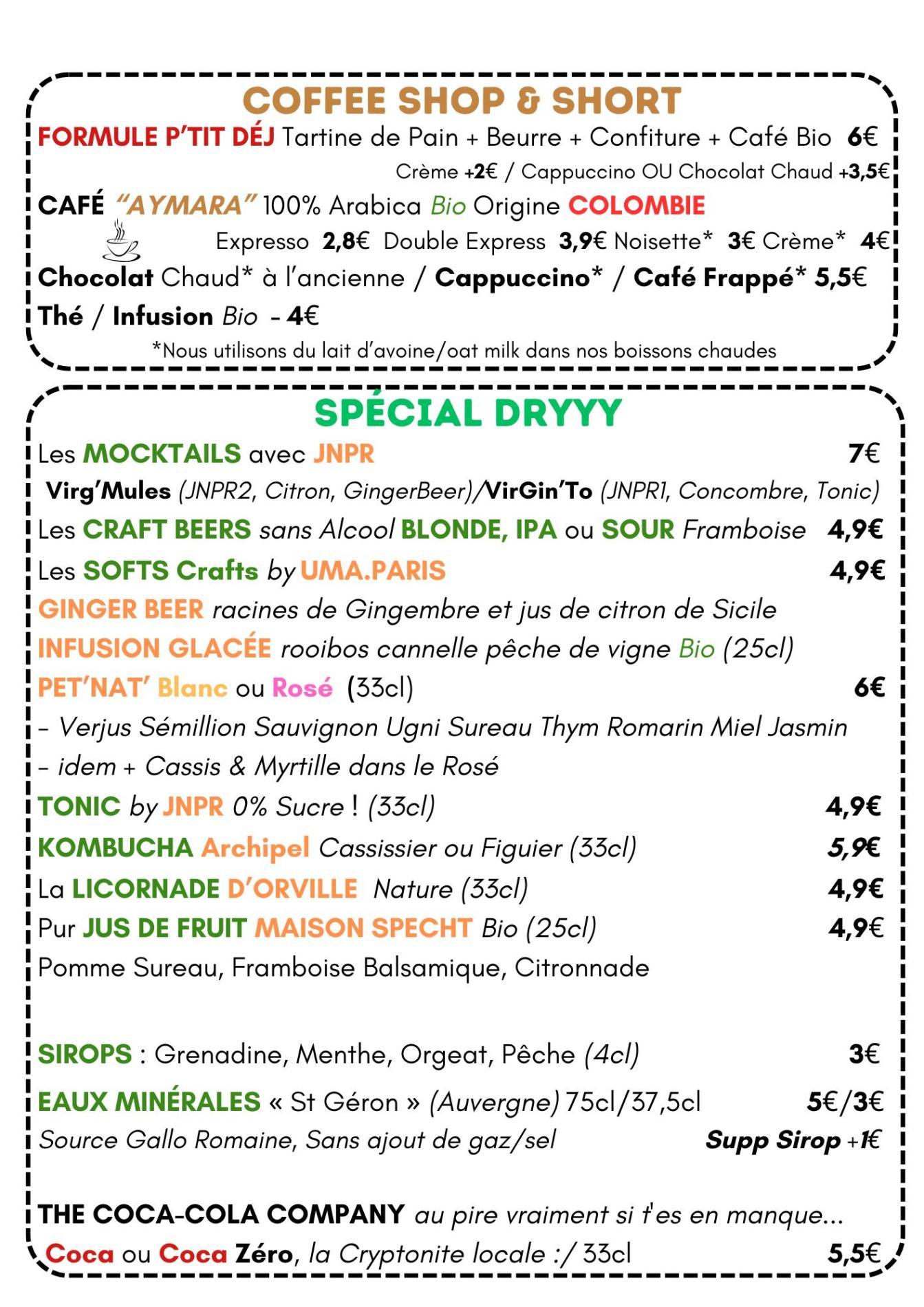 Carte Softs & Boissons Chaudes